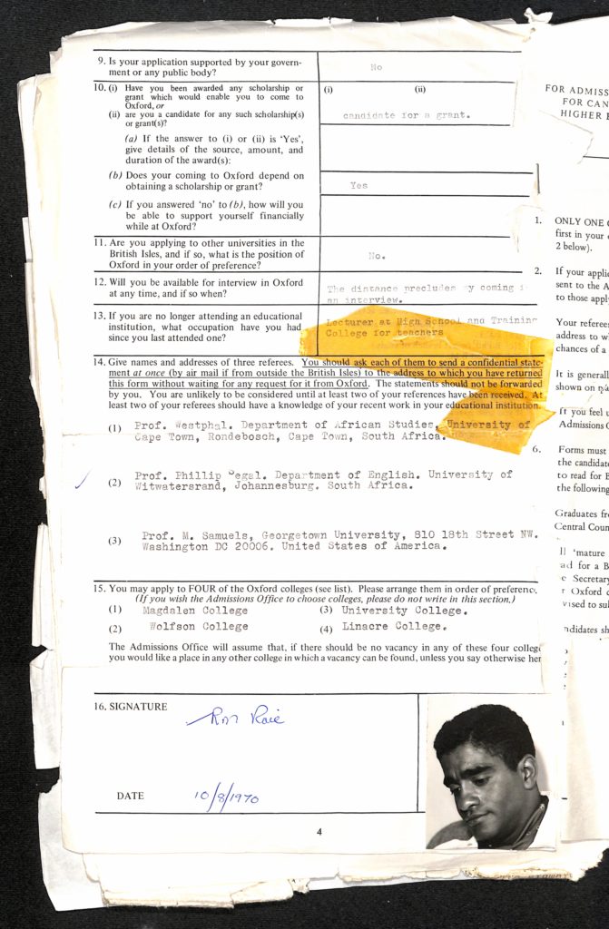 Richard Rive student file: application form